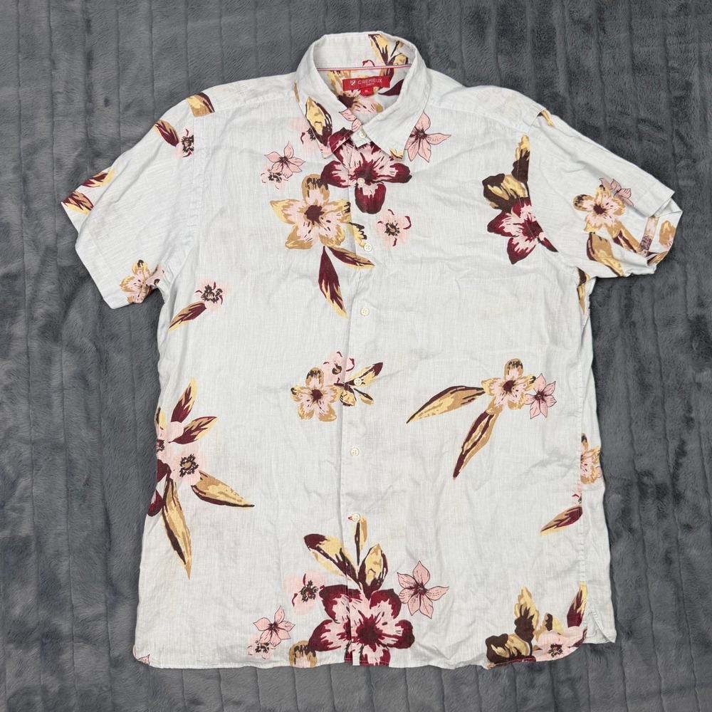 Cremieux Mens XL Slim Fit 100% Linen Floral Short Sleeve Button Down Shirt Blue